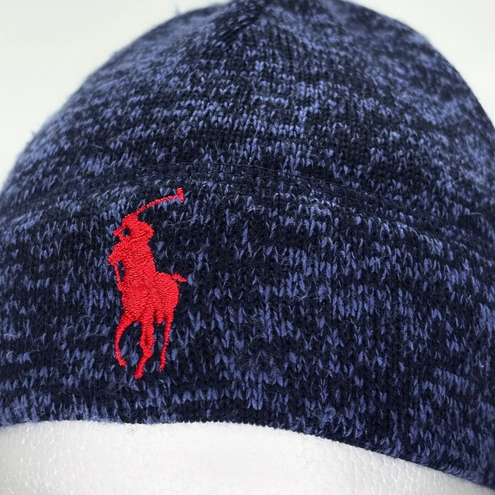Polo Ralph Lauren Kids Navy Blue Marled Knit Fleece Lined Beanie Red Pony NWOT